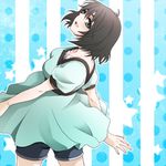  :d bad_id bad_pixiv_id black_hair dress from_behind green_eyes looking_back lowres open_mouth pasta_(suzukov) shiina_mayuri short_hair shorts smile solo steins;gate 