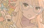  bad_id bad_pixiv_id blonde_hair glasses green_eyes hanaco-1 hoshii_miki idolmaster idolmaster_(classic) long_hair open_mouth solo stuffed_animal stuffed_bunny stuffed_toy 