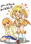  bike_shorts blonde_hair bow cardigan choker cure_peace dual_persona hair_flaps hairband highres kise_yayoi long_hair magical_girl nanairogaoka_middle_school_uniform nikke_(cherish) orange_choker precure ribbon school_uniform shorts shorts_under_skirt skirt smile_precure! translated v white_hairband wide_ponytail yellow yellow_bow yellow_eyes yellow_shorts yellow_skirt 