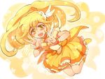  bad_id bad_pixiv_id blonde_hair blush bow choker cure_peace double_v hair_flaps kise_yayoi magical_girl orange_choker popoin precure skirt smile_precure! solo v wide_ponytail yellow yellow_background yellow_bow yellow_skirt 