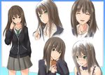  blush brown_hair cardigan closed_eyes earrings expressions gift green_eyes idolmaster idolmaster_cinderella_girls jewelry long_hair necklace necktie pout school_uniform shibuya_rin shibuya_susano skirt smile solo tears 