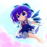  barefoot blue_eyes blue_hair chibi cirno dress highres short_hair solo touhou wings yume_shokunin 