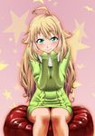  ahoge blonde_hair dress green_eyes green_shirt hoshii_miki idolmaster idolmaster_(classic) long_hair shirihime shirt sitting smile solo sweater sweater_dress 