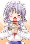  akou_roushi alternate_costume apron blood blush bow braid breasts closed_eyes grey_hair hair_bow hands_clasped izayoi_sakuya medium_breasts nosebleed open_mouth own_hands_together ribbed_sweater short_hair simple_background smile solo sweater touhou turtleneck twin_braids upper_body 