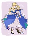  1boy 1girl ahoge artoria_pendragon_(all) bad_id bad_pixiv_id blonde_hair blue_eyes bracelet dancing dress fate/zero fate_(series) gilgamesh hair_ribbon high_heels jewelry kurohal necklace red_eyes ribbon saber shoes 