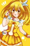  bad_id bad_pixiv_id bike_shorts blonde_hair bow choker cure_peace earrings fujishiro_emyu hair_flaps jewelry kise_yayoi long_hair magical_girl orange_choker orange_shorts precure ribbon shorts shorts_under_skirt skirt smile_precure! solo wide_ponytail yellow yellow_background yellow_bow yellow_eyes yellow_skirt 