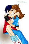  black_hair blue_(pokemon) brown_hair couple eyes_closed happy hug leaf_(pokemon) love pokemon red_(pokemon) 