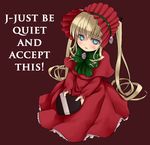  blonde_hair blue_eyes bonnet bow dress drill_hair hard_translated heart kumashiro long_hair rozen_maiden shinku translated tsundere twintails valentine very_long_hair 