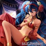  aqua_eyes aqua_hair bracelet flower hair_flower hair_ornament hairband hatsune_miku hirococo jewelry legs long_hair looking_away lowres midriff navel necklace pillow sitting smile solo twintails very_long_hair vocaloid 