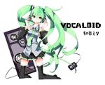  detached_sleeves digital_media_player green_eyes green_hair hatsune_miku headphones highres kneeling kotatu_(akaki01aoki00) long_hair looking_at_viewer necktie skirt solo thighhighs translated twintails very_long_hair vocaloid zettai_ryouiki 