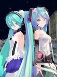  3d 7th_dragon_(series) 7th_dragon_2020 aqua_eyes aqua_hair back-to-back bare_shoulders belt blue_hair dual_persona elbow_gloves gloves hatsune_miku hatsune_miku_(append) headphones highres long_hair looking_at_viewer mikumikudance multiple_girls necktie twintails very_long_hair vocaloid vocaloid_(tda-type_ver) vocaloid_append 
