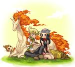  1girl bag beanie blonde_hair blue_hair chimchar fiery_tail fire gen_1_pokemon gen_4_pokemon green_scarf hair_ornament hairclip hat hikari_(pokemon) jun_(pokemon) long_hair orange_eyes pinkish pokemon pokemon_(creature) pokemon_(game) pokemon_dppt poketch purple_eyes rapidash red_scarf scarf seiza shirt sitting skirt sleeveless sleeveless_shirt smile tail watch wristwatch 