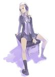  arm_support blonde_hair blue_eyes dated digital_media_player headphones long_hair necktie original parted_lips school_uniform shadow simple_background sitting solo tko_(kkk66) 