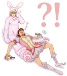  2boys :d alcohol animal_costume barnaby_brooks_jr blonde_hair bobby_socks brown_hair bunny_costume cosplay dress drooling drunk facial_hair glasses gloves green_eyes kaburagi_t_kotetsu kaname_madoka kaname_madoka_(cosplay) magical_girl mahou_shoujo_madoka_magica multiple_boys no_shoes open_mouth shiita_k03 single_glove sleeping smile socks stubble tiger_&amp;_bunny 