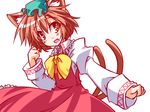  animal_ears brown_hair cat_ears cat_tail chen fang hat hemogurobin_a1c multiple_tails open_mouth puffy_sleeves red_eyes short_hair smile solo tail touhou 