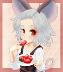  alternate_costume animal_ears eating food forehead fruit grey_hair ishikkoro mouse_ears mouse_tail nazrin plate red_eyes shirt short_hair solo strawberry tail touhou upper_body 