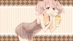  1girl babydoll blush breasts cleavage food highres inu_x_boku_ss lingerie medium_breasts parfait pink_eyes pink_hair roromiya_karuta solo twintails underwear vector_trace 