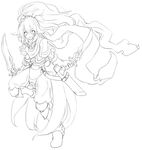  absurdres dual_wielding fiana_else greyscale highres holding lineart long_hair looking_at_viewer monochrome open_mouth pixiv_fantasia pixiv_fantasia_5 smile solo sword transparent_background weapon yu-ves 