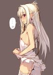  1girl ass bare_shoulders blush breasts dress dress_lift earrings finger_to_mouth garter_straps hair_intakes jewelry long_hair no_panties original parted_lips profile purple_eyes sideboob simple_background sketch small_breasts solo spoken_blush tatami_to_hinoki thighhighs white_hair white_legwear 