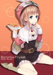  atelier_(series) atelier_rorona bad_id bad_pixiv_id banned_artist belt black_dress blue_eyes brown_hair capelet character_name copyright_name dress feathers finger_to_mouth food food_on_face frills green_legwear hat hat_feather jewelry no_shoes paseri pendant plate rororina_fryxell short_dress short_hair sitting socks solo text_focus wariza white_capelet 