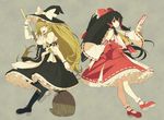  ascot bad_id bad_pixiv_id bare_shoulders black_hair blonde_hair boots bow broom brown_eyes detached_sleeves hair_bow hair_tubes hakurei_reimu hat hat_bow kirisame_marisa long_hair mary_janes multiple_girls ofuda ogino_(oginogino) one_eye_closed open_mouth shoes smile touhou white_bow witch_hat yellow_eyes 