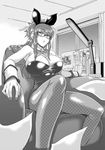  breasts bunnysuit cleavage desk distance glasses greyscale hairband lamp large_breasts long_hair monochrome original pantyhose wrist_cuffs 