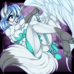  black_nose blue_eyes blue_hair blush butt canine claws clothed clothing crystal-for-ever feathers female fluffy_tail fox fur grey hair hindpaw long_hair mammal nails panties paws pose pussy sitting skimpy skirt smile solo sword tail thighs underwear weapon white white_fur wing(character) wings 