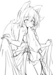  animal_ears blush greyscale inubashiri_momiji kourindou_tengu_costume looking_at_viewer monochrome mouth_hold off_shoulder short_hair solo tail topless touhou wolf_ears wolf_tail yu-ves 