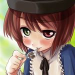  androgynous blush brown_hair chocolate face gorakujin green_eyes hands hat heterochromia mouth_hold naughty_face red_eyes reverse_trap rozen_maiden short_hair solo souseiseki 