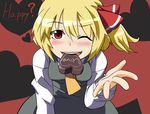  blonde_hair blush chocolate english hair_ribbon hihachi looking_at_viewer mouth_hold one_eye_closed open_hand red_eyes ribbon rumia short_hair solo touhou valentine 