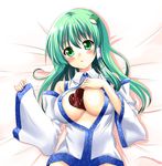  bad_id bad_pixiv_id bare_shoulders bed between_breasts blush breasts chocolate chocolate_heart covered_nipples detached_sleeves green_eyes green_hair hair_ornament heart kochiya_sanae large_breasts long_hair lying natsupa no_bra open_clothes open_shirt shirt solo touhou 