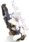  appendix backless_outfit bandages bow braid breasts elbow_gloves flower frills gloves grey_eyes hair_ornament kaine_(nier) kneeling large_breasts lingerie negligee nier nier_(series) panties ribbon shoes short_hair silver_hair solo sword thigh_strap thighhighs underwear weapon white_panties 