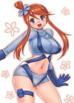  blue_eyes breasts fuuro_(pokemon) gloves hair_ornament large_breasts midriff navel open_mouth po_ni pokemon pokemon_(game) pokemon_bw red_hair shorts solo 