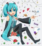  ai_kusunoki aqua_eyes aqua_hair boots detached_sleeves hatsune_miku headset long_hair musical_note necktie open_mouth panties pointing skirt solo spring_onion striped striped_panties thigh_boots thighhighs twintails underwear very_long_hair vocaloid 
