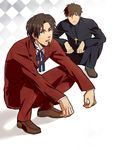  bad_id bad_pixiv_id blue_eyes brown_eyes brown_hair butubutubutubutu cross cross_necklace facial_hair fate/zero fate_(series) formal goatee jewelry kotomine_kirei male_focus multiple_boys necklace ribbon squatting suit toosaka_tokiomi 
