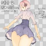  ass bad_id bad_pixiv_id bow checkered checkered_background chibi chibi_inset dated looking_back nakahara_(teriyaki) original pink_hair red_eyes school_uniform skirt solo teriyaki thighs translation_request 