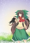  alternate_costume bow breasts brown_hair hair_bow inu3 long_hair looking_up medium_breasts multicolored multicolored_eyes open_mouth red_eyes red_scarf reiuji_utsuho scarf skirt snow snowflakes solo sweater third_eye touhou very_long_hair wings yellow_eyes 