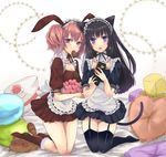  :o animal_ears black_hair bunny_ears cat_ears garters heart highres inu_x_boku_ss kneeling long_hair maid maid_headdress mio_(denki_lamune) mouth_hold multiple_girls pillow pink_hair purple_eyes roromiya_karuta shirakiin_ririchiyo tail tanuki thighhighs twintails watanuki_banri 