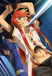  arms_up bdsm black_hair blood blue_eyes bondage bound clenched_teeth coat green_eyes injury leon_magnus liduke long_hair luke_fon_fabre male_focus midriff multiple_boys nervous red_hair rope sword tales_of_(series) tales_of_destiny tales_of_the_abyss teeth weapon 