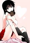  black_hair bra breasts chocolate cleavage cosaten heart highres lingerie medium_breasts mouth_hold school_rumble sitting skirt solo suou_mikoto underwear undressing valentine 