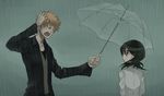  1girl black_hair bleach closed_eyes giving holding holding_umbrella jacket kuchiki_rukia kurosaki_ichigo lowres open_mouth orange_hair outstretched_hand pinkish rain scratching_head umbrella wet 