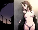  bad_id bad_pixiv_id blush braid breasts brown_eyes brown_hair coat embarrassed exhibitionism glasses idolmaster idolmaster_cinderella_girls long_hair medium_breasts nipples nude okuyama_saori open_clothes open_coat outdoors pubic_hair public_nudity pussy smile solo tkhs twin_braids undressing 