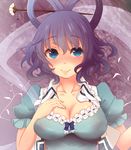  blue_eyes blue_hair breasts cleavage dress hair_ornament hair_rings hair_stick hand_on_own_chest highres kaku_seiga large_breasts maru_mr shawl smile solo touhou vest 