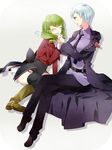  belt drill_hair green_hair leviathan_(umineko) multiple_girls necktie silver_hair sitting stakes_of_purgatory tears thighhighs towa1 umineko_no_naku_koro_ni ushiromiya_kyrie 