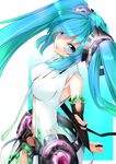  aqua_eyes aqua_hair belt blue_hair blush elbow_gloves fingerless_gloves from_above gloves gradient_hair green_hair hatsune_miku hatsune_miku_(append) kyougoku_touya long_hair looking_at_viewer looking_up multicolored_hair navel necktie sidelocks solo twintails very_long_hair vocaloid vocaloid_(tda-type_ver) vocaloid_append 