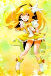  bike_shorts blonde_hair boots bow cure_peace double_v electricity hair_flaps hair_ornament highres kise_yayoi long_hair magical_girl open_mouth orange_shorts precure ribbon shorts shorts_under_skirt skirt smile_precure! solo star starry_background sw tears v wide_ponytail wrist_cuffs yellow yellow_background yellow_bow yellow_eyes yellow_skirt 