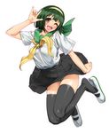  :d \m/ black_legwear blush brown_eyes cozy green_hair hairband highres idolmaster idolmaster_(classic) jumping mole mole_under_mouth one_eye_closed open_mouth otonashi_kotori panties sailor_collar_lift school_uniform serafuku shoe_dangle shoes short_hair skindentation skirt smile solo sweat thighhighs underwear uwabaki yellow_hairband 