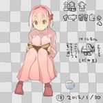  book bow checkered checkered_background chibi chibi_inset cup dated mug nakahara_(teriyaki) original pajamas pink_hair reading red_eyes solo teriyaki translation_request 