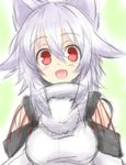  animal_ears blush breasts detached_sleeves inubashiri_momiji looking_at_viewer medium_breasts open_mouth red_eyes silver_hair smile solo touhou upper_body white_hair wolf_ears yu-ves 