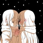  akiyama_mio blush closed_eyes fog holding_hands k-on! kanbayashi_makoto kotobuki_tsumugi lowres monochrome multiple_girls scarf snow spot_color yuri 